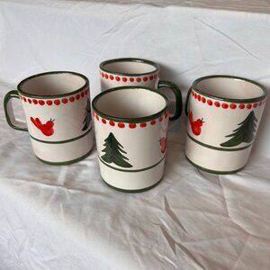 Solimene Vietri s/m Made in Italy White Red Bird Green Tree Christmas Mugs (4)